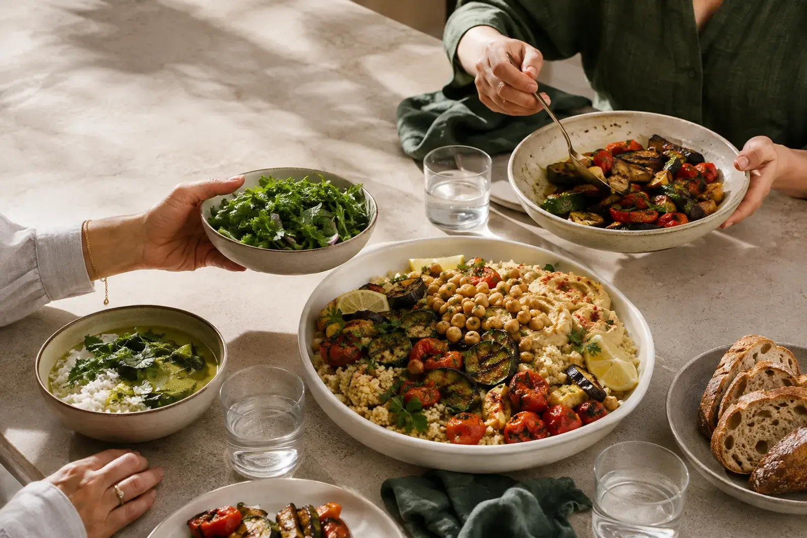 Hands sharing salad and serving dinner around a table of home-cooked meals